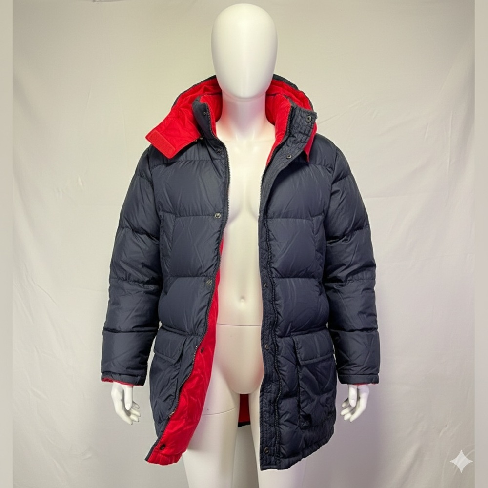 Lands' End Women’s Dark Blue & Red Goose Down Winter Coat Puffer Jacket Large